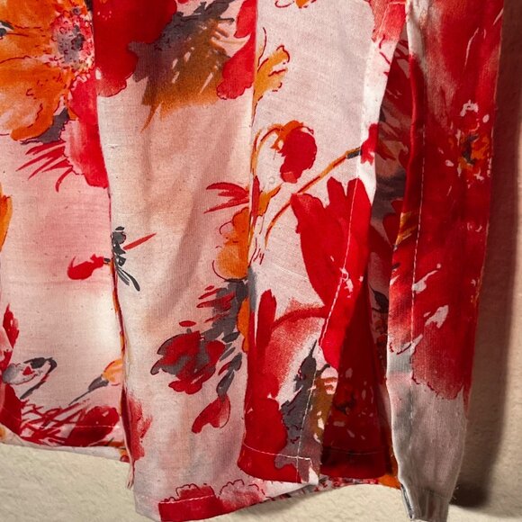 Christina M Floral Button-Up Tunic Embroidered Pin-Tuck 3/4 Sleeves Red & Orange - Picture 7 of 16